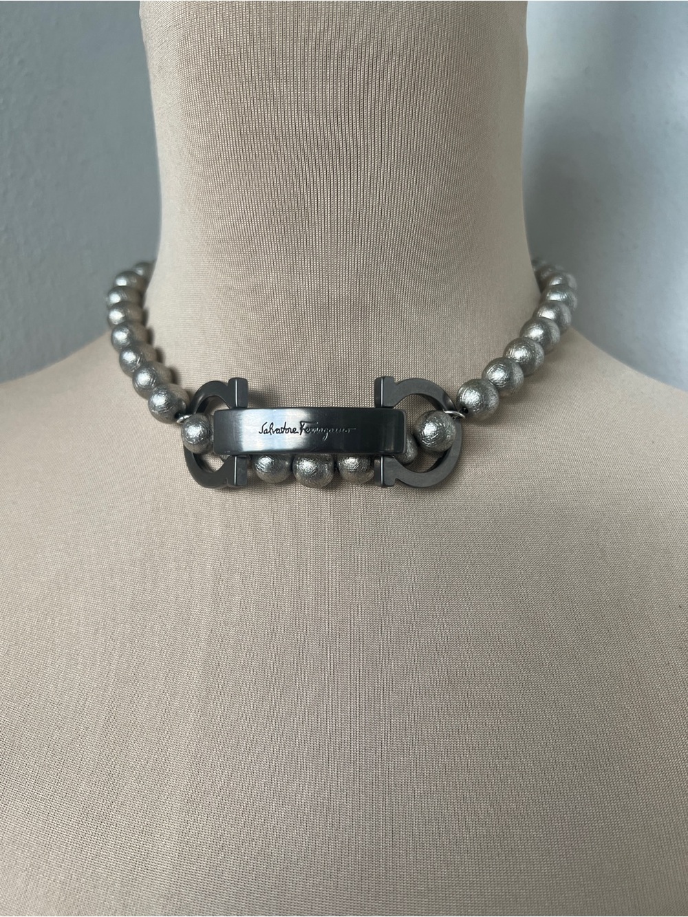 Vintage Custom Ferragamo Silver Horsebit & Beaded Chain Choker 16”